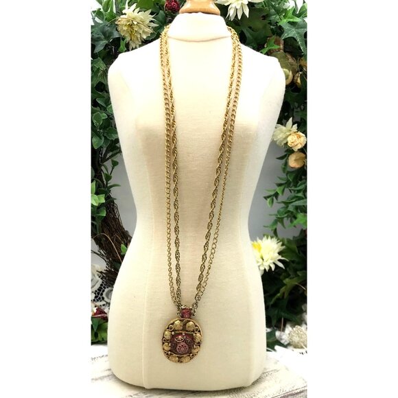 Vintage Gold-Tone Pendant Necklace With Red & White Floral Enamel Design Double - Picture 4 of 8